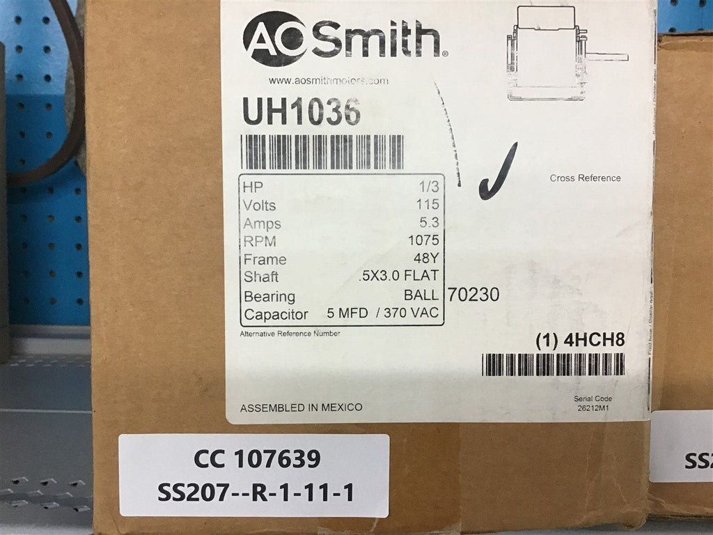 AO Smith UH1036 1/3 HP AC Motor 115 V Single Phase 1075 Rpm 48T Fr