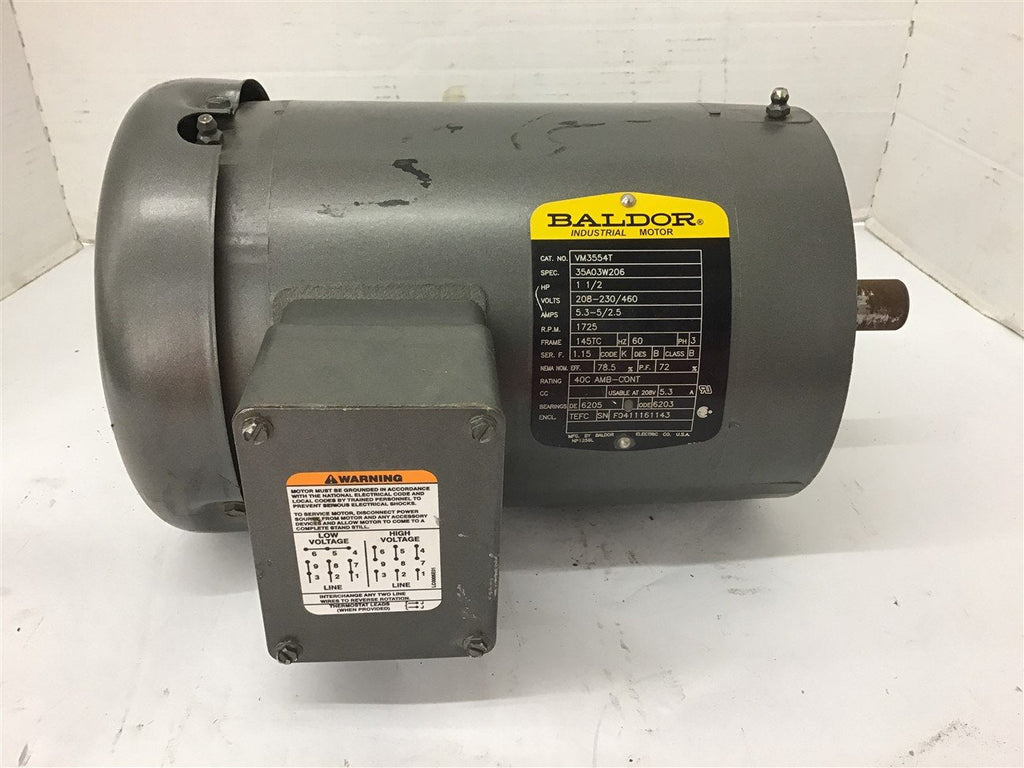 Baldor VM3554T 1 1/2 HP AC Motor 208-230/460 volts 1800 Rpm 4P 145TC Frame