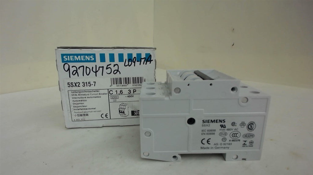 SIEMENS 5SX2 315-7 CIRCUIT BREAKER, 480 VAC MAX, 3 POLE, C1,6