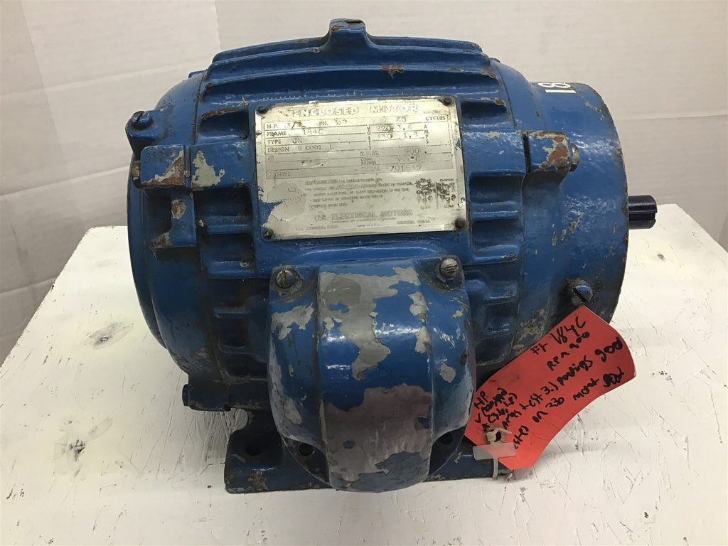 US Electrical Motors AC Motor 3/4 Hp 220/440 V 900 Rpm 8P Fr 184C 3 Ph 60 Hz