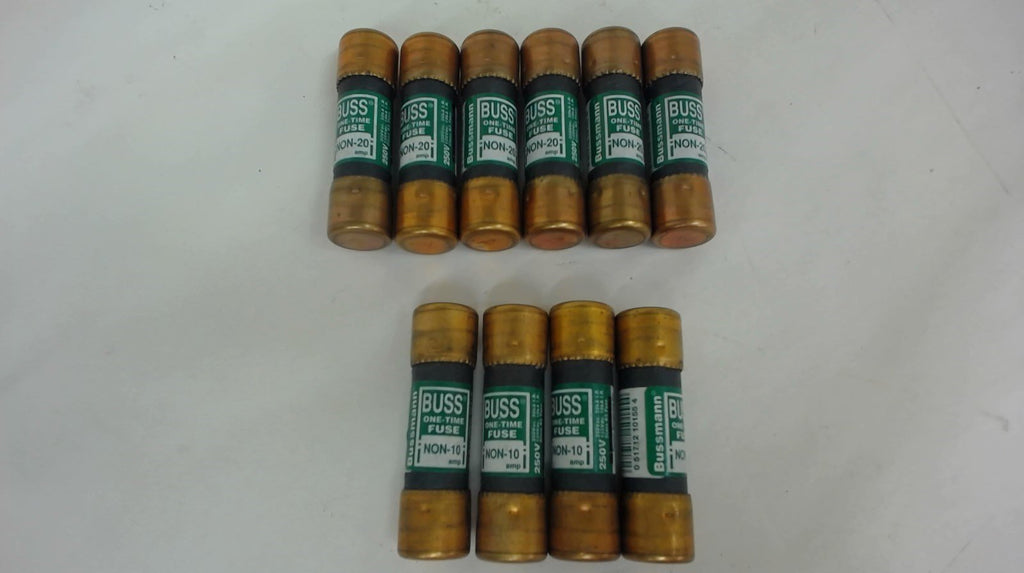 LOT OF 10 BUSSMANN FUSES, 6 EACH NON-20, 4 EACH NON-10