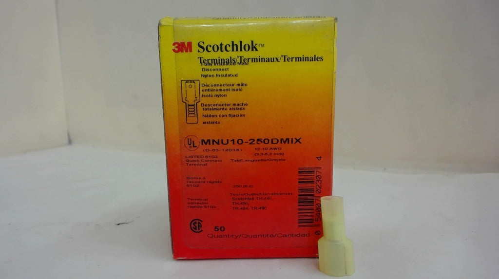 BOX OF ABOUT 50 SCOTCHLOK MNU10-250DMIX MALE DISCONNECT, 12-10 AWG