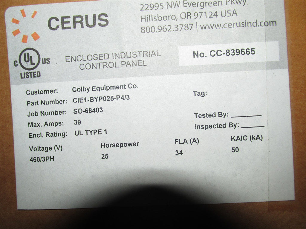 Cerus Cie1-Byp025-P4/3, 25 Hp Ac Drive, 460 Volts 3 Phase, 34 Fla, 39 Max Amps