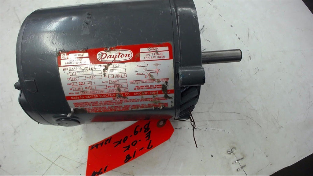 DAYTON 3K493A 1/4 HP AC MOTOR 115 VOLTS, 1725 RPM, 4P, 56CZ SINGLE PHASE