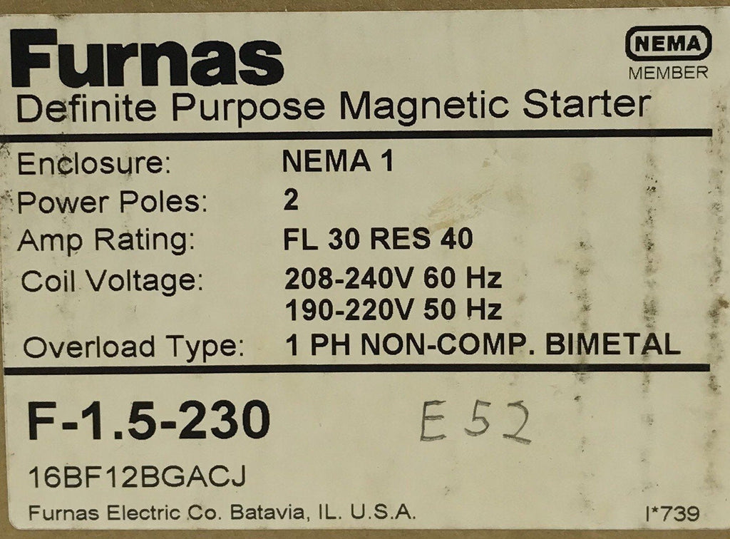 FURNAS F-1.5-230 DEFINITE PURPOSE MAGNETIC STARTER NEMA 1 208-240V 60HZ 2 POLE