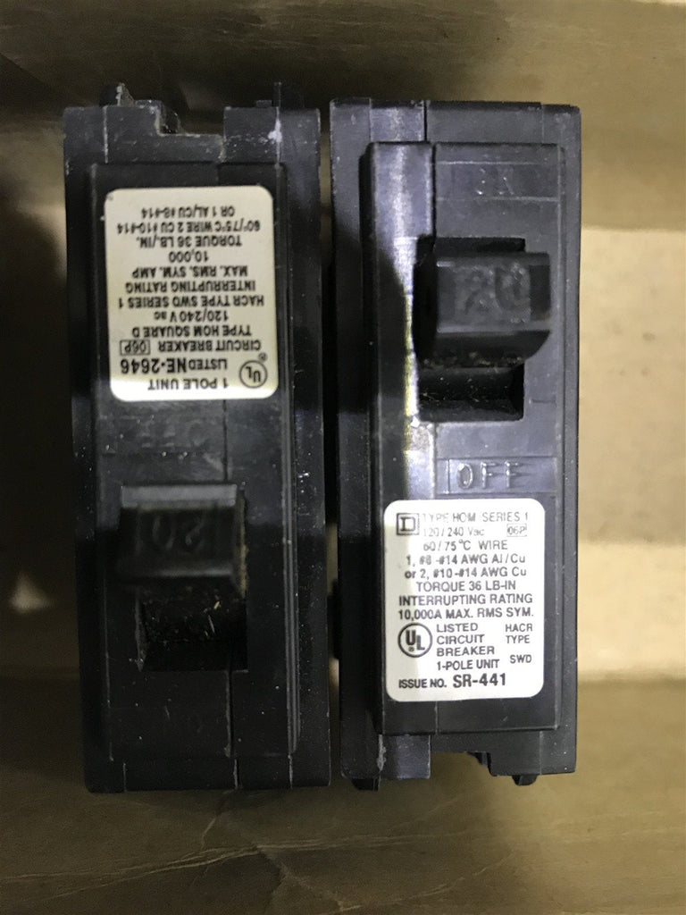 SQUARE D CIRCUIT BREAKER 20 AMP 1 POLE 120/240 VOLTS LOT OF 2