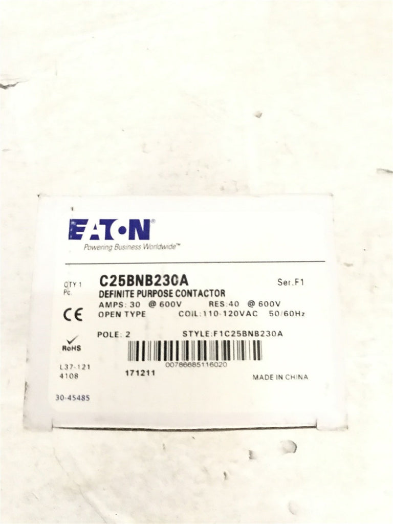 EATON C25BNB230A DEFINITE PURPOSE CONTACTOR 30AMP RES40 OPEN TYPE 2 POLE