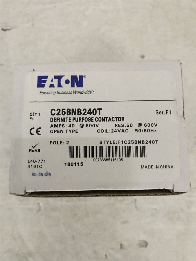 EATON C25BNB240T DEFINITE PURPOSE CONTACTOR 40AMP RES50 OPEN TYPE 2 POLE