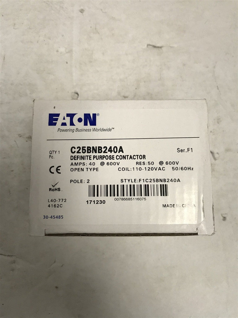 EATON C25BNB240A DEFINITE PURPOSE CONTACTOR 40AMP RES50 OPEN TYPE 2 POLE