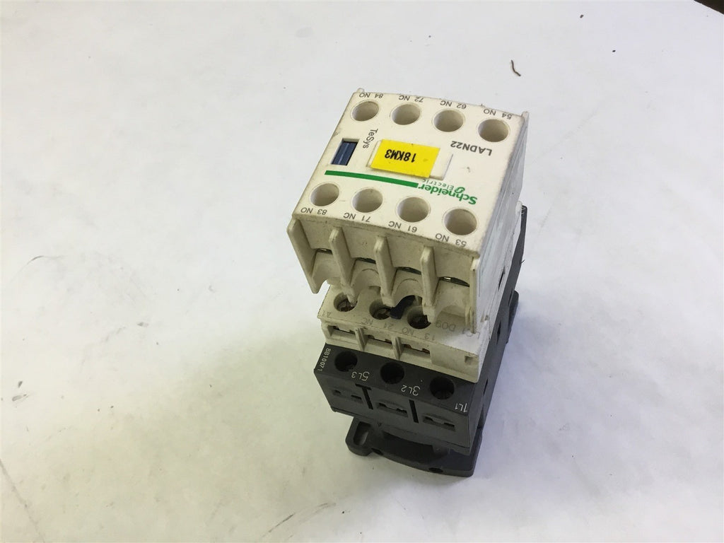 SCHNEIDER LC1 D09 CONTACTOR 480 VOLTS @ 5 HP 110 VOLT COIL W/ LADN22