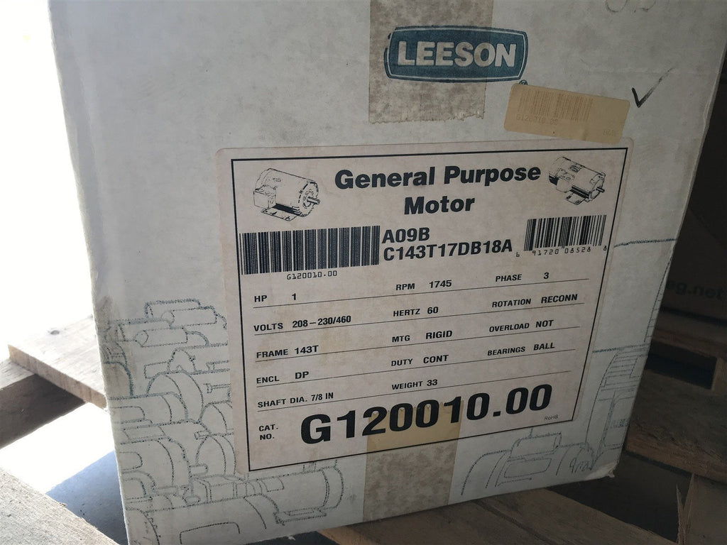 LEESON G120010.00 MOTOR 1HP 1740RPM 143T DP 3PH 60HZ REPLACED BY 121003.00