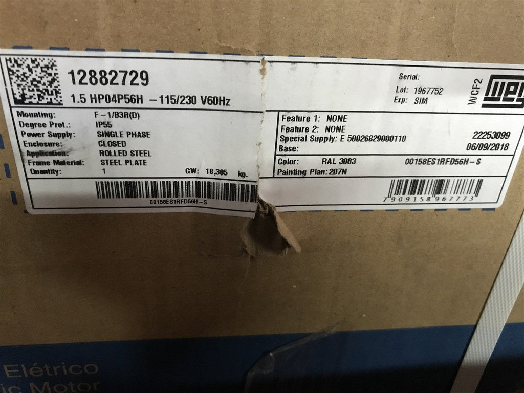 WEG 00158ES1RFD56H-S 12882729 MOTOR 1.5 HP 4P 56H 1Ph 115/230 V 60 Hz