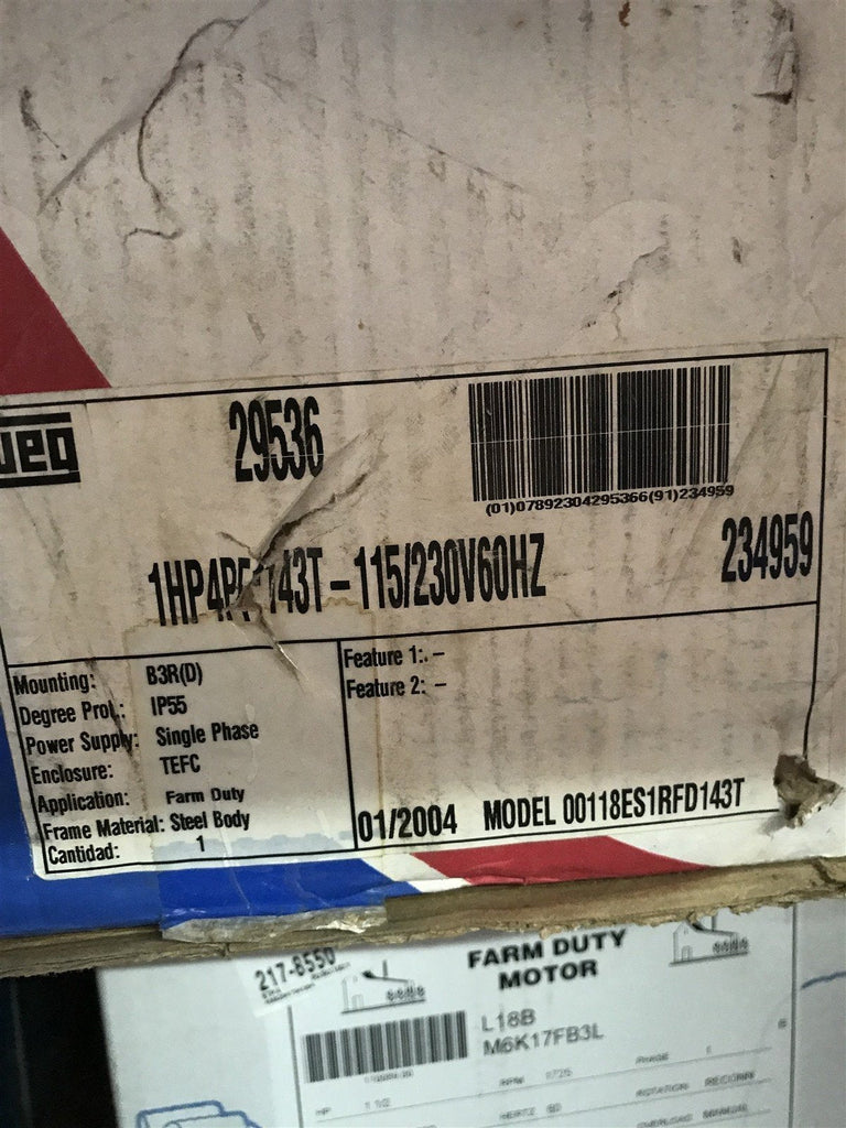 WEG 00158ES1RFD56H-S 29536 MOTOR 1HP 4P 1PH 115/230V 60HZ