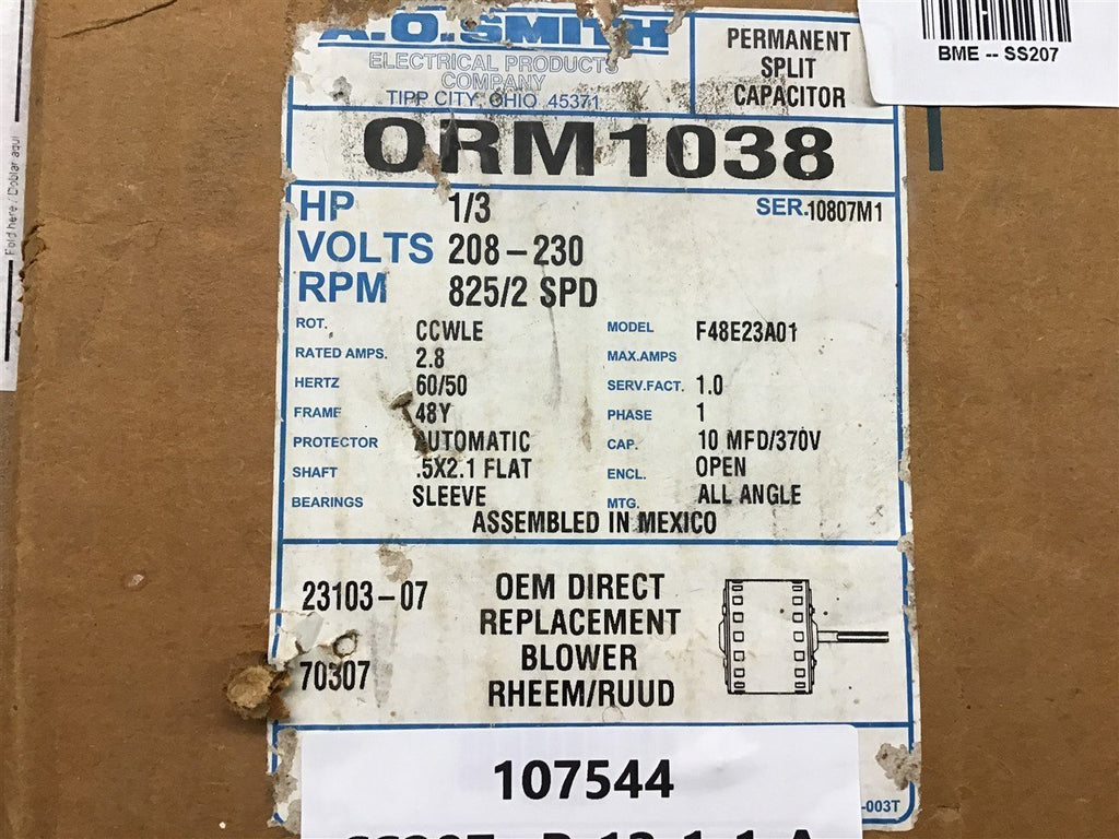 Ao Smith ORM1038 1/3 HP Permanent Split Capacitor Motor 208-230 Volts 825/2 SPD