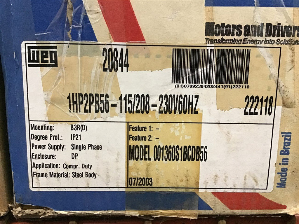 Weg 00136OS1BCDB56 1 HP AC Motor 115/208-230 V Single Phase 2P 3600 Rpm 56 Fr