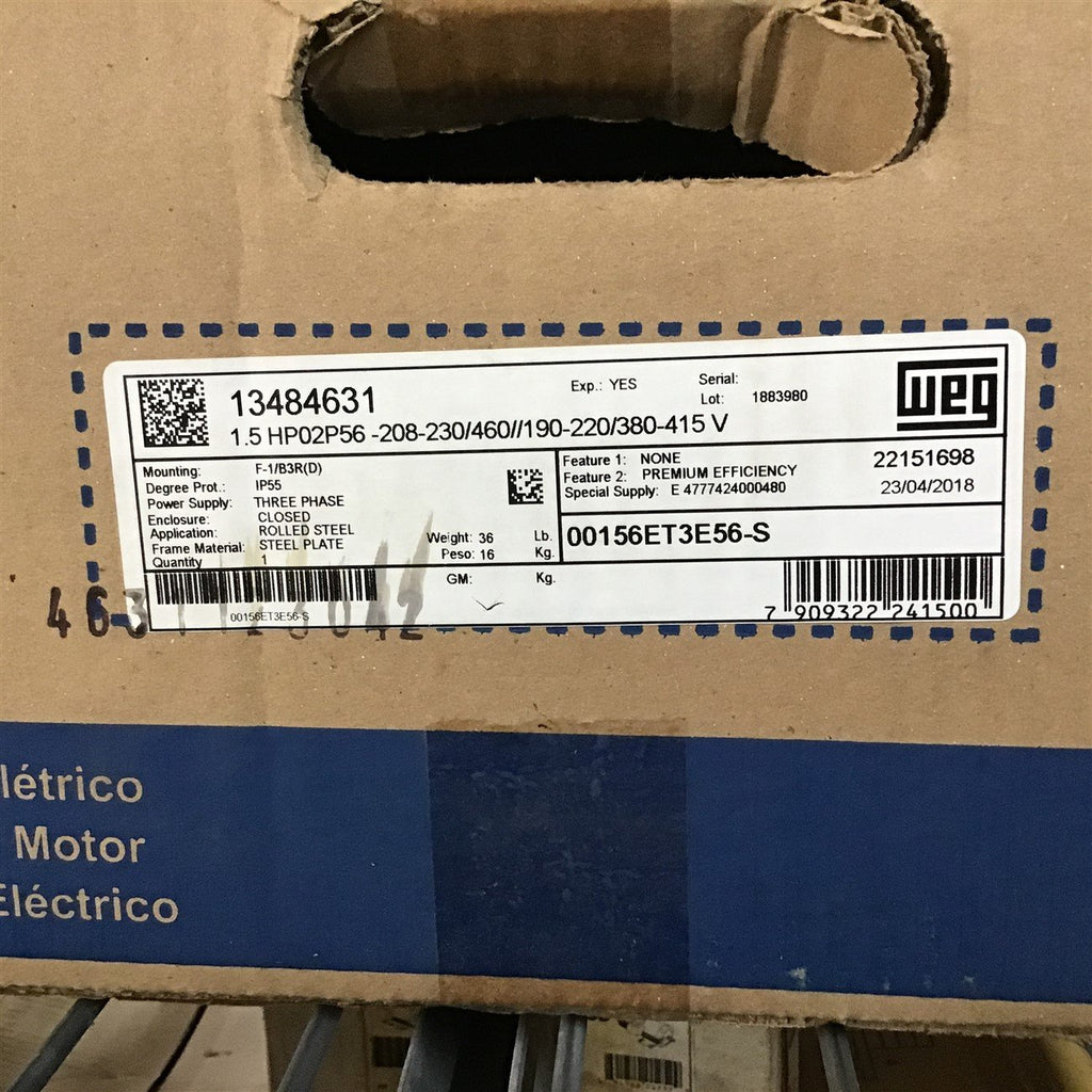 Weg 00156ET3E56-S 1 1/2 HP AC Motor 208-230/460 V 3 Phase 2P 3600 Rpm 56 Fr