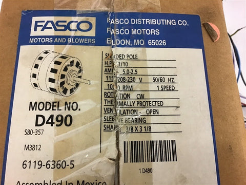 Fasco D490 1/10 HP Shaded Pole Motor 115/208-230 Volts 1020 Rpm 1 Speed