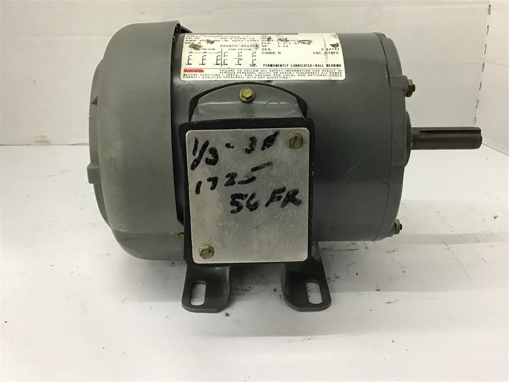 Ajax AT-13 1/3 HP AC Motor 208-230/460 volts 1800 Rpm 56 Frame