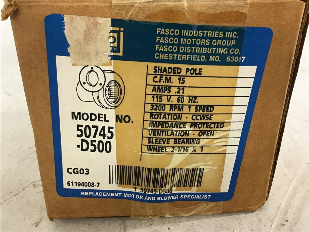 Fasco 50745-D500 .21 Amps Blower Motor 115 Volts 3200 Rpm Single Speed