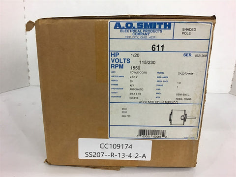 A.O. Smith 611 1/20 HP AC Motor 115/230 Volts 1550 Rpm 42Y Frame