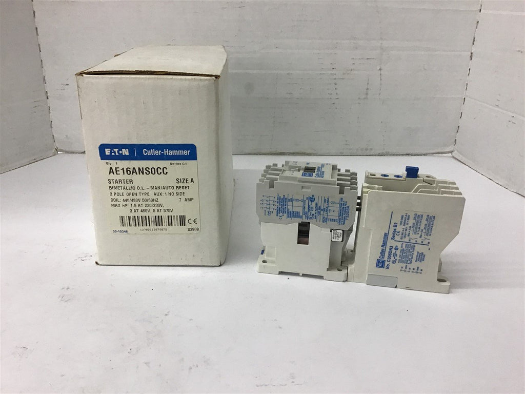 Eaton AE16ANS0CC Size A Starter 3 Hp @ 460 Volts 440/480 volts Coil 3 Pole 7 Amp