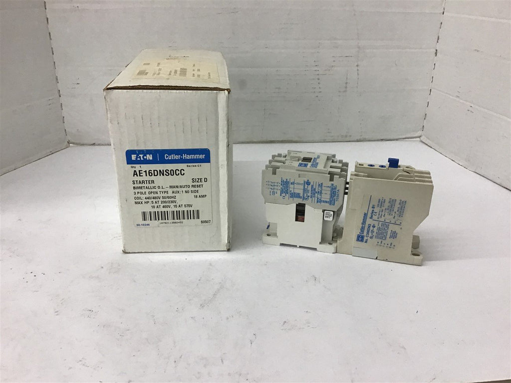 Eaton AE16DNS0CC Size D Starter 10 HP @ 460 volts 440/480 Volts Coil 3 Pole 18 A