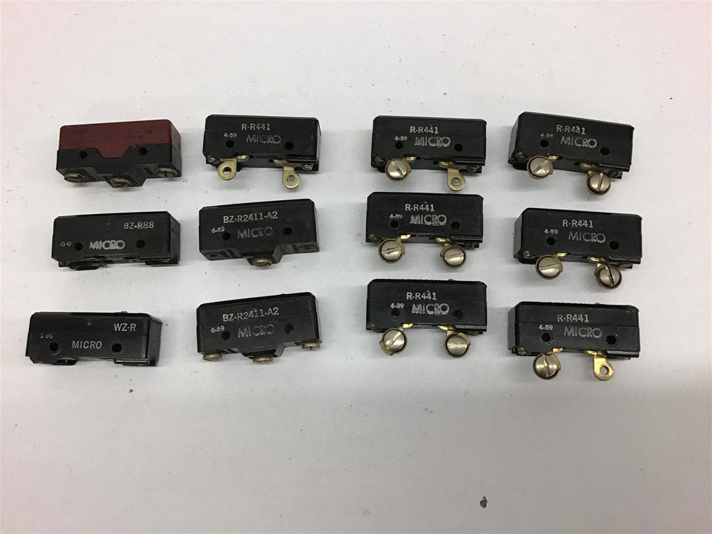 Assorted Lot of 12 Microswitches-7 R-R441,2 BZ-R2411-A2, 1 WZ-R, 1 BZ-R88