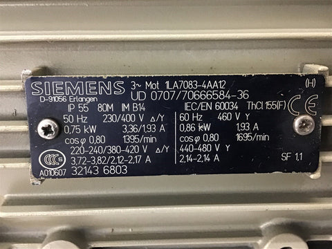 Siemens D-91056 0.75 KW Metric Motor 230/400 Volts 80M Frame – BME Bearings  and Surplus