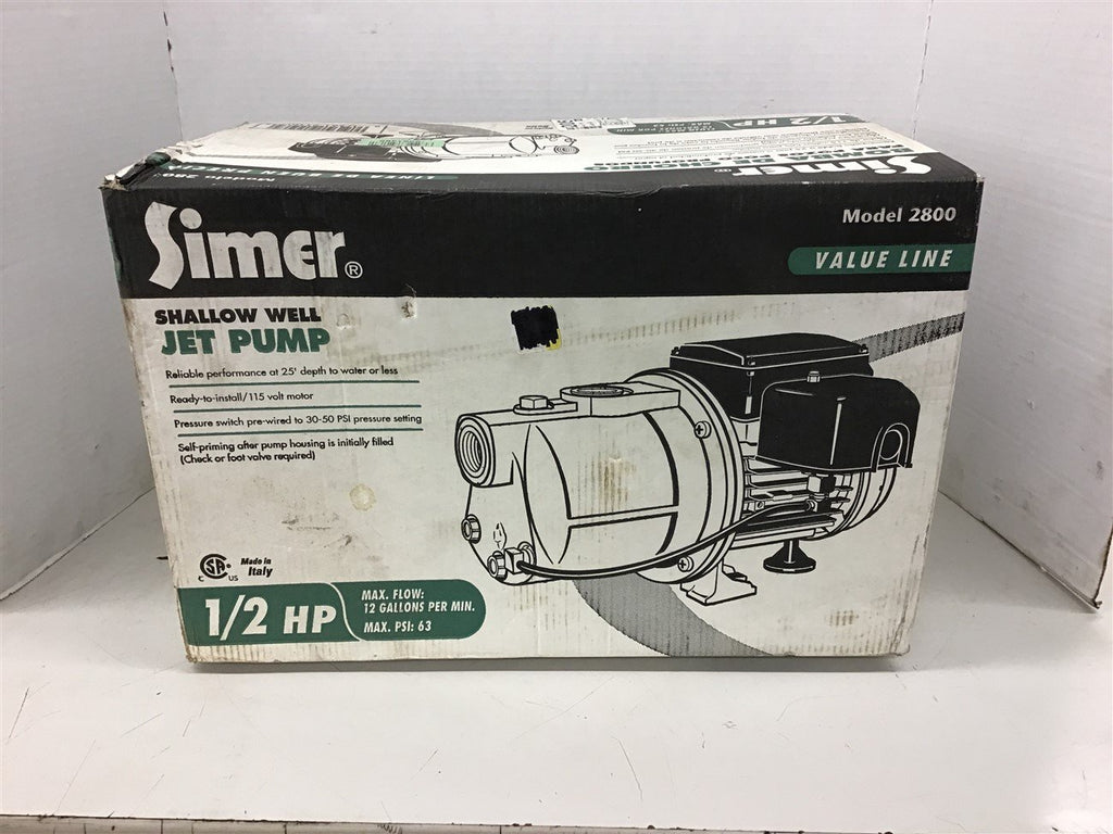 Simer 2800 Shallow Well Jet Pump 1/2 Hp 12 Gallon Per Min 63 PSI 