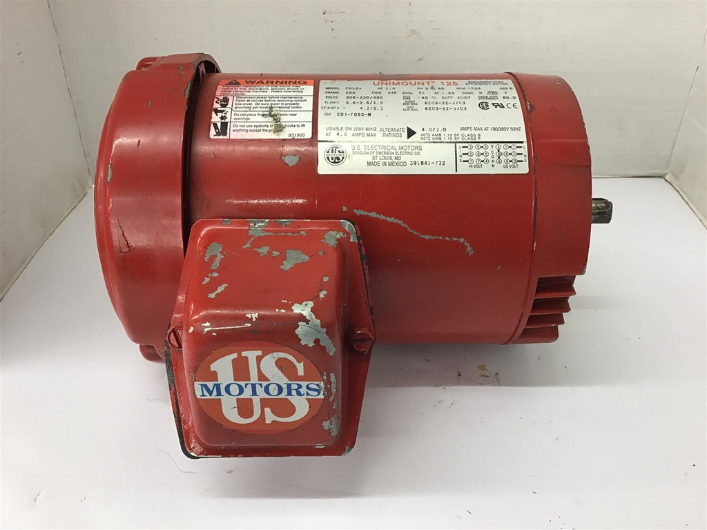 US Electrical F052A 1 HP AC Motor 208-230/460 volts 1800 Rpm 4P 56C