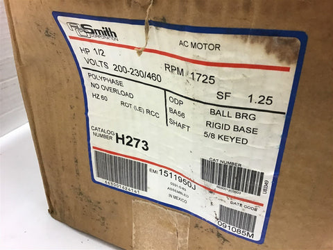 A.O. Smith 7-151195-03 1/2 HP AC Motor 230/460 volts 1800 Rpm 4P 56 Frame