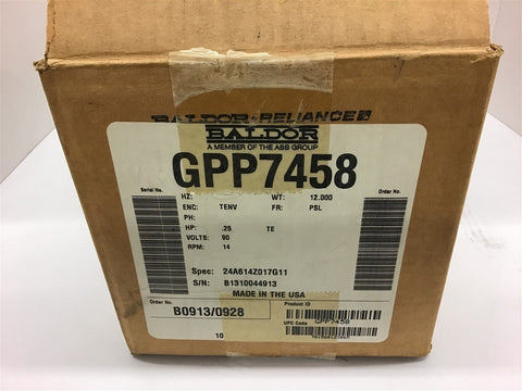 Baldor GPP7458 DC Motor .25HP 14RPM PSL Frame 90V 180:1 Ratio Class F