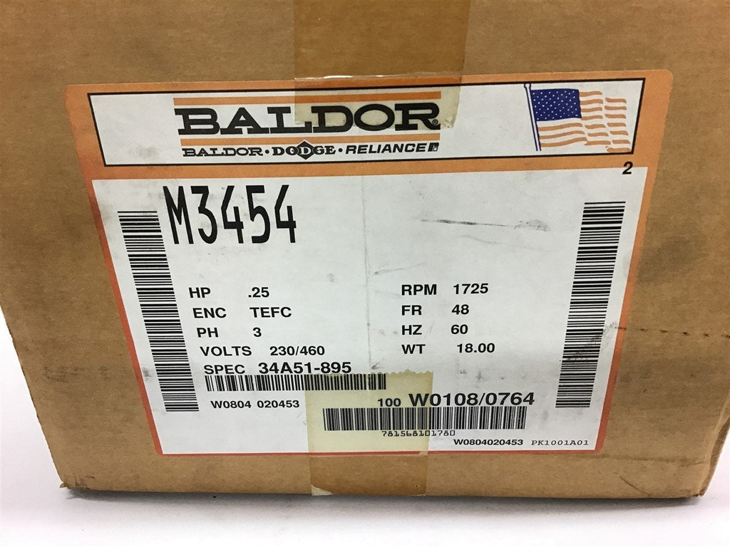 Baldor M3454 .25 HP AC Motor 230/460 Volts 1800 Rpm 4P 48 Frame