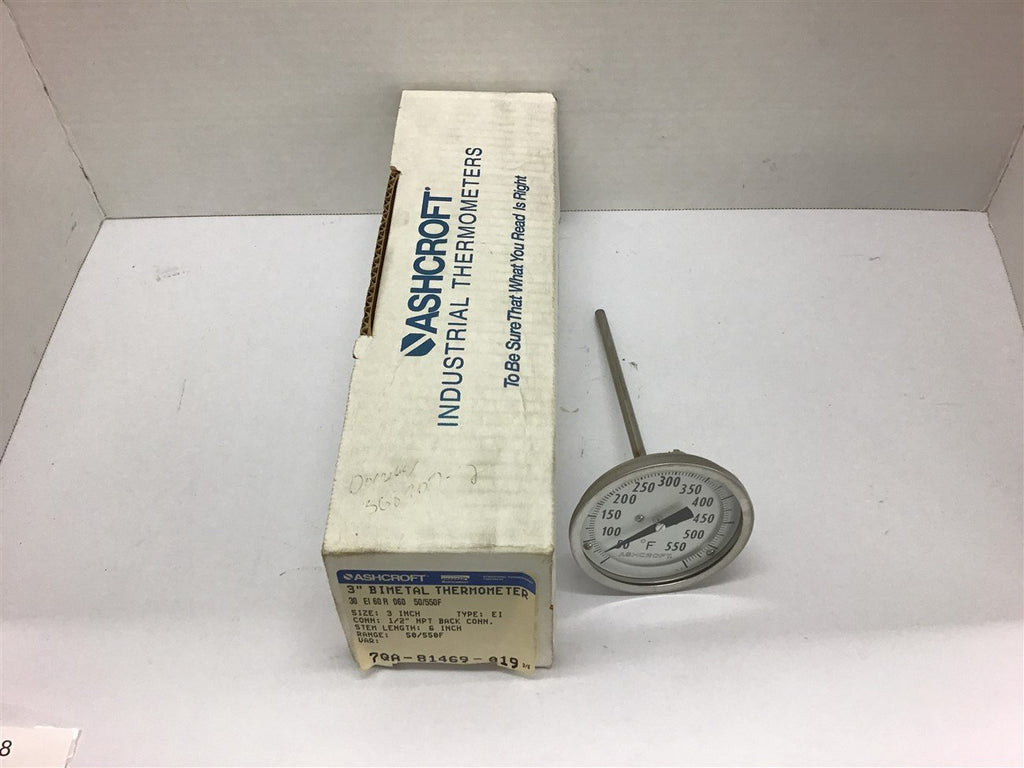 Ashcroft 3" Bimetal Thermometer 7QA-81469-019 50-550F 6" Stem Length