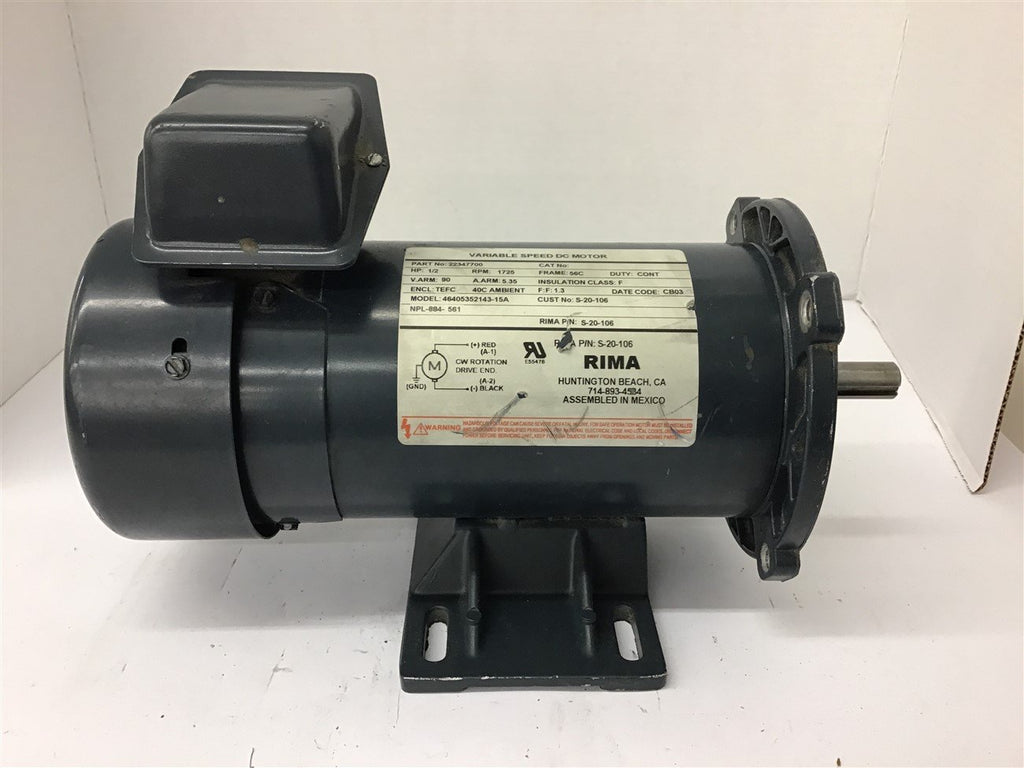 Rima 2234770 1/2 HP DC Motor 90 V Arm 1725 Rpm 56C Frame