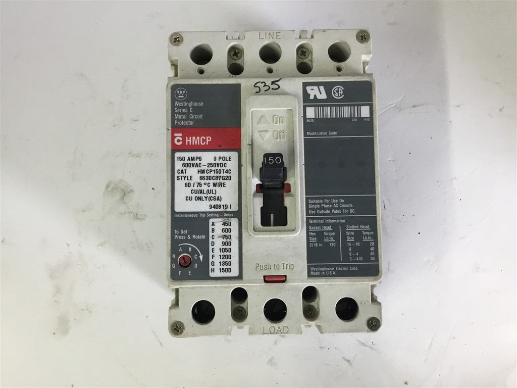 Westinghouse HMCP150T4C 150 Amp Circuit Breaker 3 Pole 600 Vac