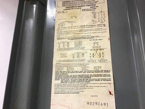 Square D H-323-N 100 Amp 240 Vac Safety Switch