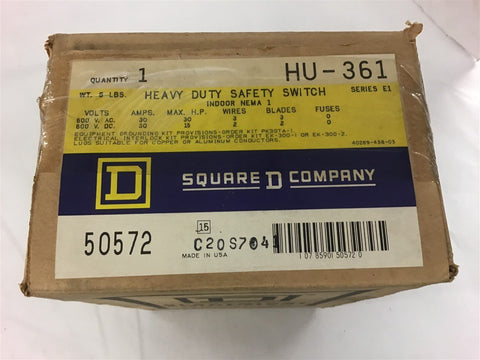 Square D HU-361 30 Amp Heavy Duty Safety Switch 600 Volts