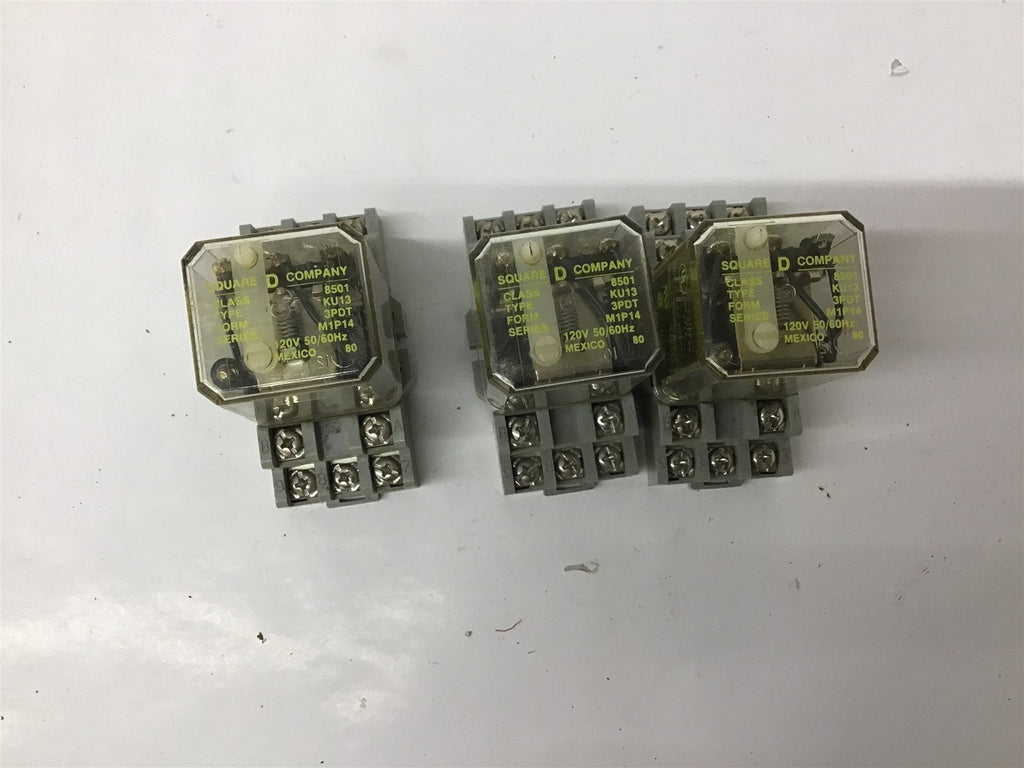 Square D 8501-KU13 120V Relay w/ 8501-NR82 Base 10A 300VAC Lot Of 3