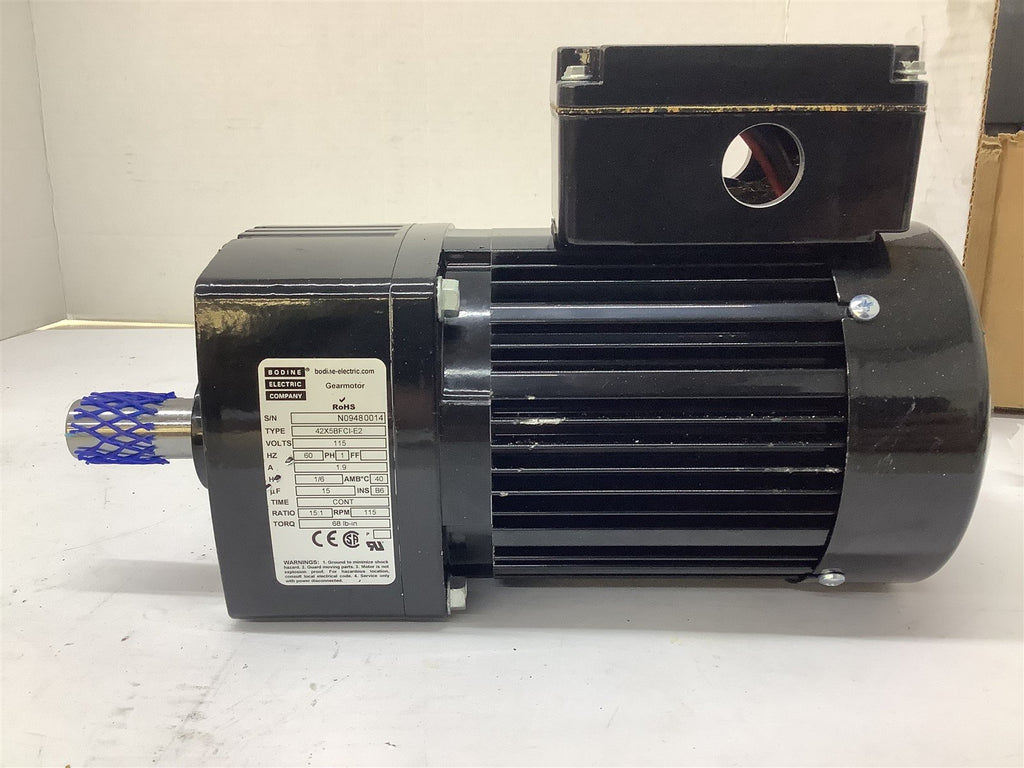 Bodine 42X5BFCI-E2 Gear Motor 1/6HP 1.9AMP 115V 115RPM 15.1Ratio 68LB-IN Torq