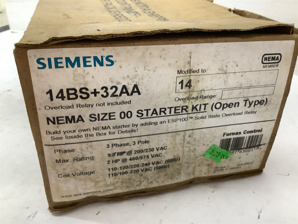 Siemens 14BS32AA Starter Kit NEMA Size 00 3 PH 3 Pole