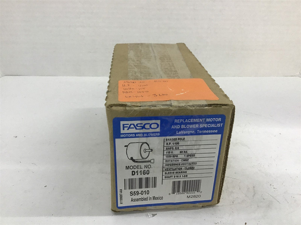 Fasco D1160 1/100 HP Shaded Pole Motor 115 V 1550 Rpm 1 Speed CWSE