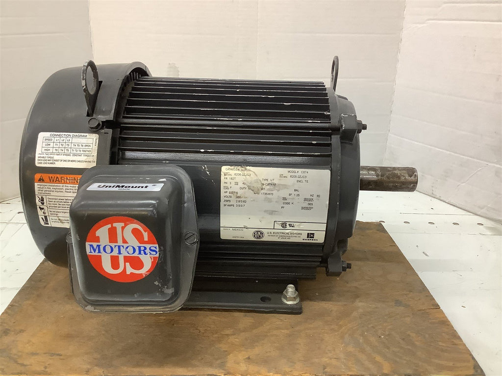 US Motors C874 2/1HP 460V 1735/870RPM 182TFR 3PH 60HZ TE ENCL