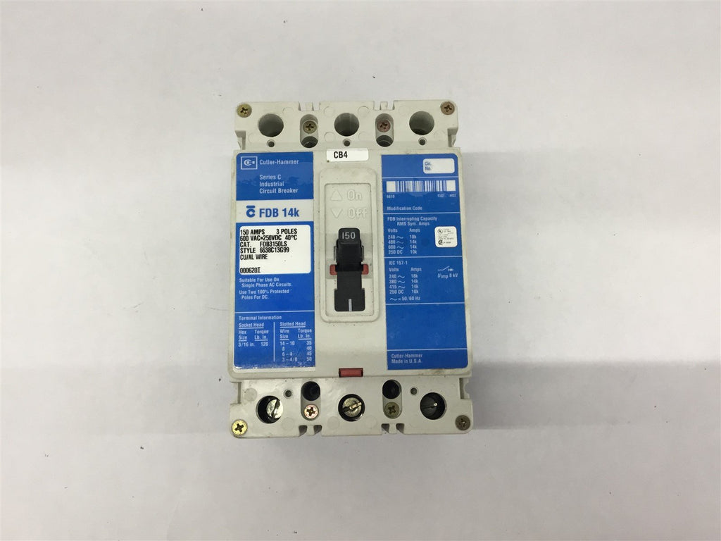 Cutler-Hammer FDB3150LS Circuit Breaker 150A 600 VAC 3P Circuit Breaker