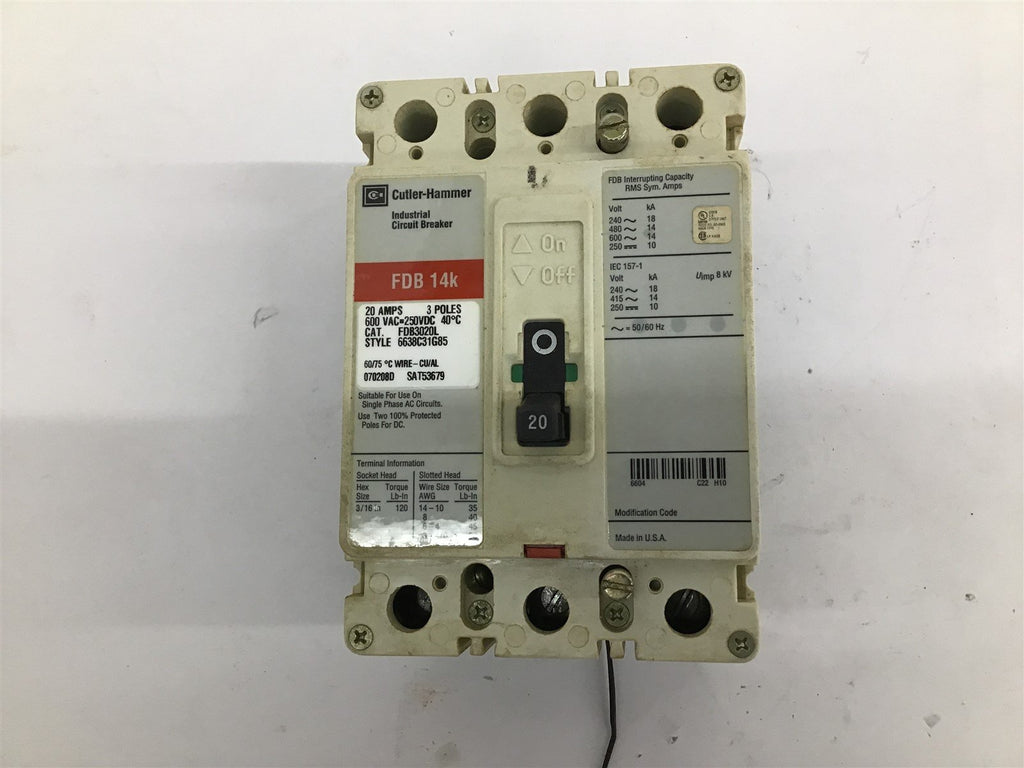 Cutler Hammer FDB3020L FDB 14K Industrial Circuit Breaker