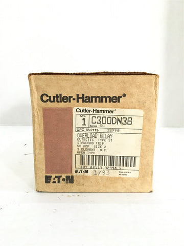 CUTLER-HAMMER C300DN3B OVERLOAD RELAY 50 AMP SIZE 2 OPEN TYPE 3 ELEMENT NC