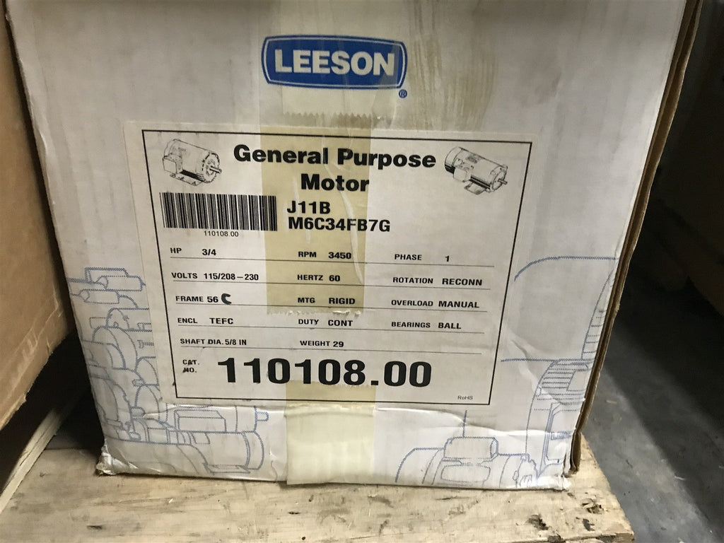 LEESON 110108.00 3/4HP 3450RPM 56 TEFC 115/208-230V 1PH 60HZ GENERAL PURPOSE MTR